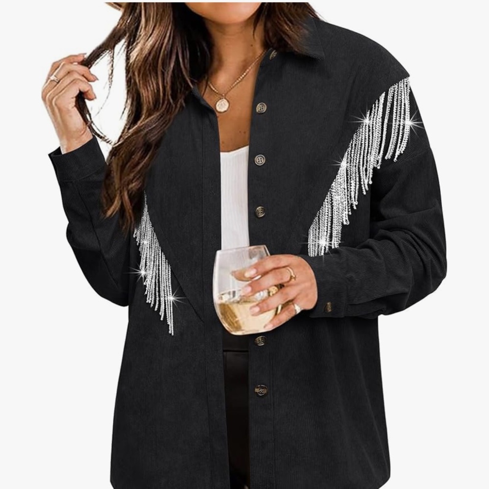 Black Fringe Button-Up Shirt
